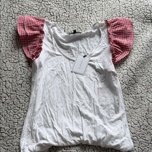 1. State White Blouse with Red Gingham Sleeves